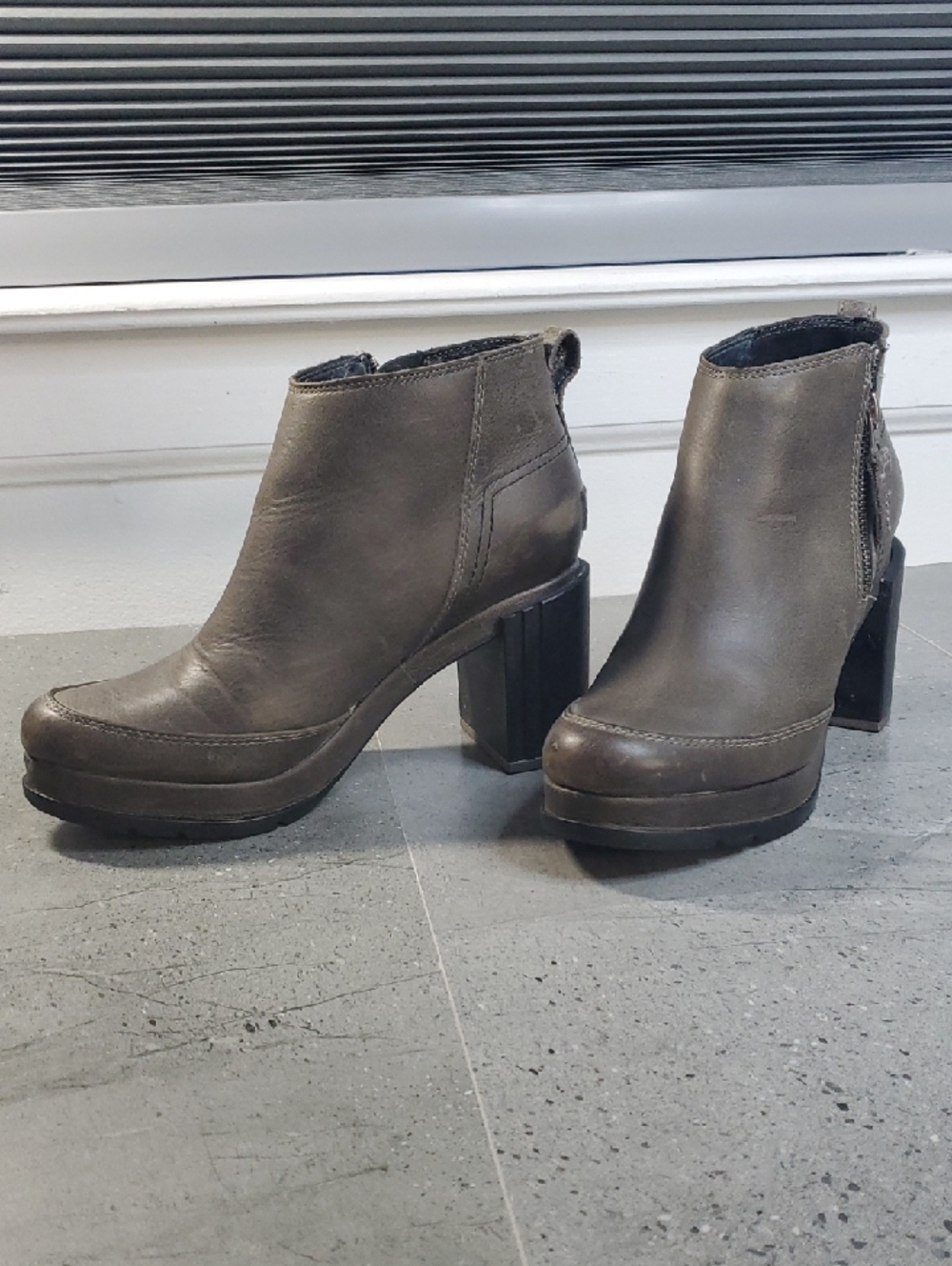 Sorel Brown Leather Platform Ankle Booties with Block Heel